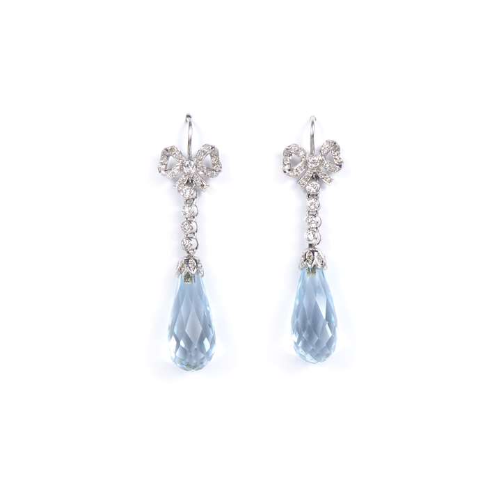Pair of aquamarine briolette and diamond pendant earrings